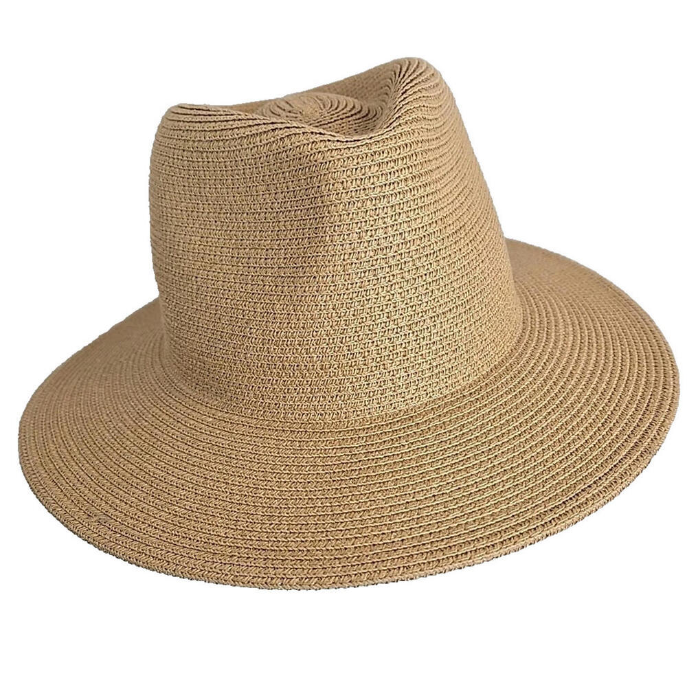 SOLEIL Tan Woven Wide Brim Fedora Style Sun Hat Adjustable Size S/M Beach Resort